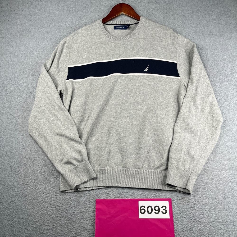 Nautica Sweater Gray Navy Striped Crew Neck Pullover Mens Size XL